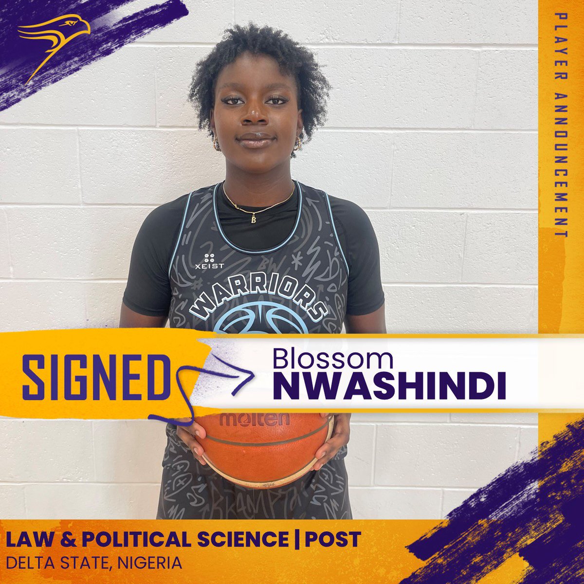 ✍️ Join us in welcoming our next recruit of the ‘24-25 class, a 6’3 post from Delta State, Nigeria; Blossom Nwashindi! Blossom played for St. Francis Xavier Catholic High School in Milton and is currently playing JUEL with the Brampton Warriors! Welcome to Laurier Blossom! 💜💛