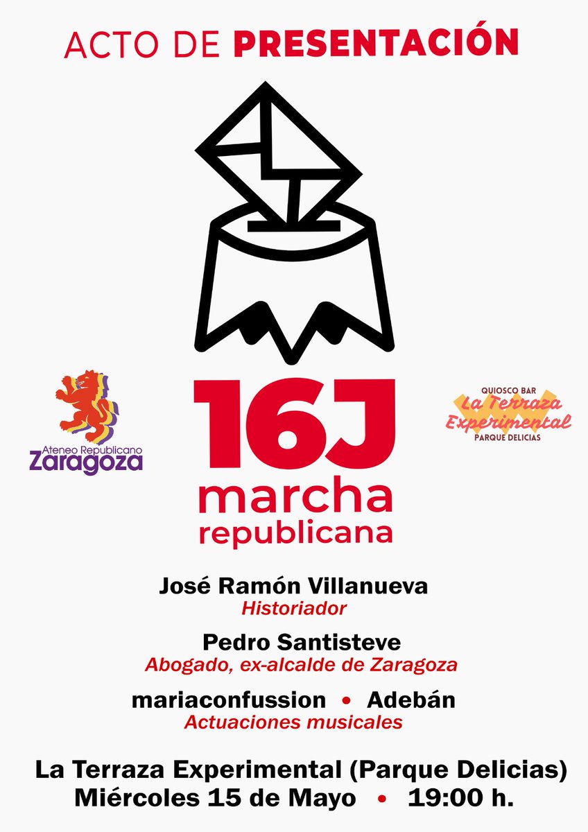 Mañana no te puedes perder la presentación de @Republica16J en #Zaragoza José Ramón Villanueva, @PedroSantisteve @mariaconfussion y Adebán nos acompañarán ¿Y TÚ? 🔴🟡🟣 ¡Recuerda! 👇 📅 15 de mayo 🕙 19:00h 📍@laexperimental Parque Delicias