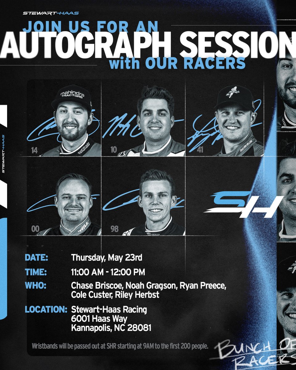 A bunch of racers under one roof. Come hang out with us at SHR! ➡️ @ChaseBriscoe_14 ➡️ @NoahGragson ➡️ @RyanPreece_ ➡️ @ColeCuster ➡️ @rileyherbst 200 wristbands will be passed out at the shop starting at 9 AM on Thursday the 23rd. You must have a wristband to participate.