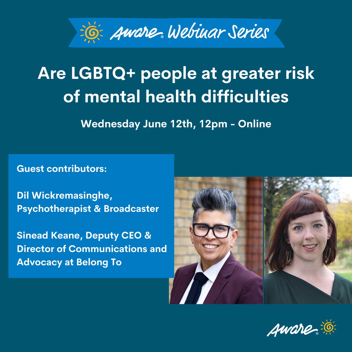 Aware's tweet photo. Our June webinar will explore the mental health challenges facing members of the LGBTQ+ community. 

The free session will explore the social, psychological &amp; systemic factors that may contribute to increased vulnerability within the community 👉https://t.co/oiG69IVD2L https://t.co/VJNXRlVQAh
