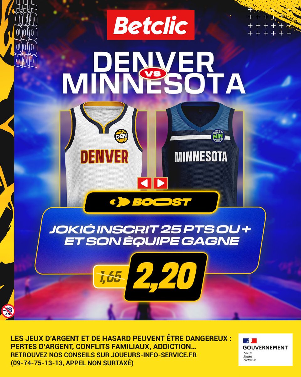 🚀 BOOOOOOST #NBA Denver prend l'avantage dans ce face-à-face avec Minnesota grâce à son Joker ? 🃏 On booste la cote 'Jokić inscrit 25 pts ou + et son équipe gagne' à 2,20 🔥 ⚠️ 10€ Max // Jusqu'à 20h15