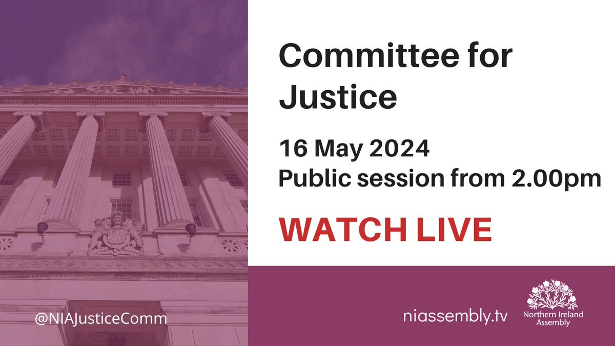 This week the Committee for Justice will be hearing evidence from the: 🟣Independent Monitoring Board for Prisons 🟣Department for Justice on the: 🔹Victim and Witness Strategy 2021-24 🔹SL1 The Damages (Process for Setting Rate of Return) Regulations (Northern Ireland) 2024