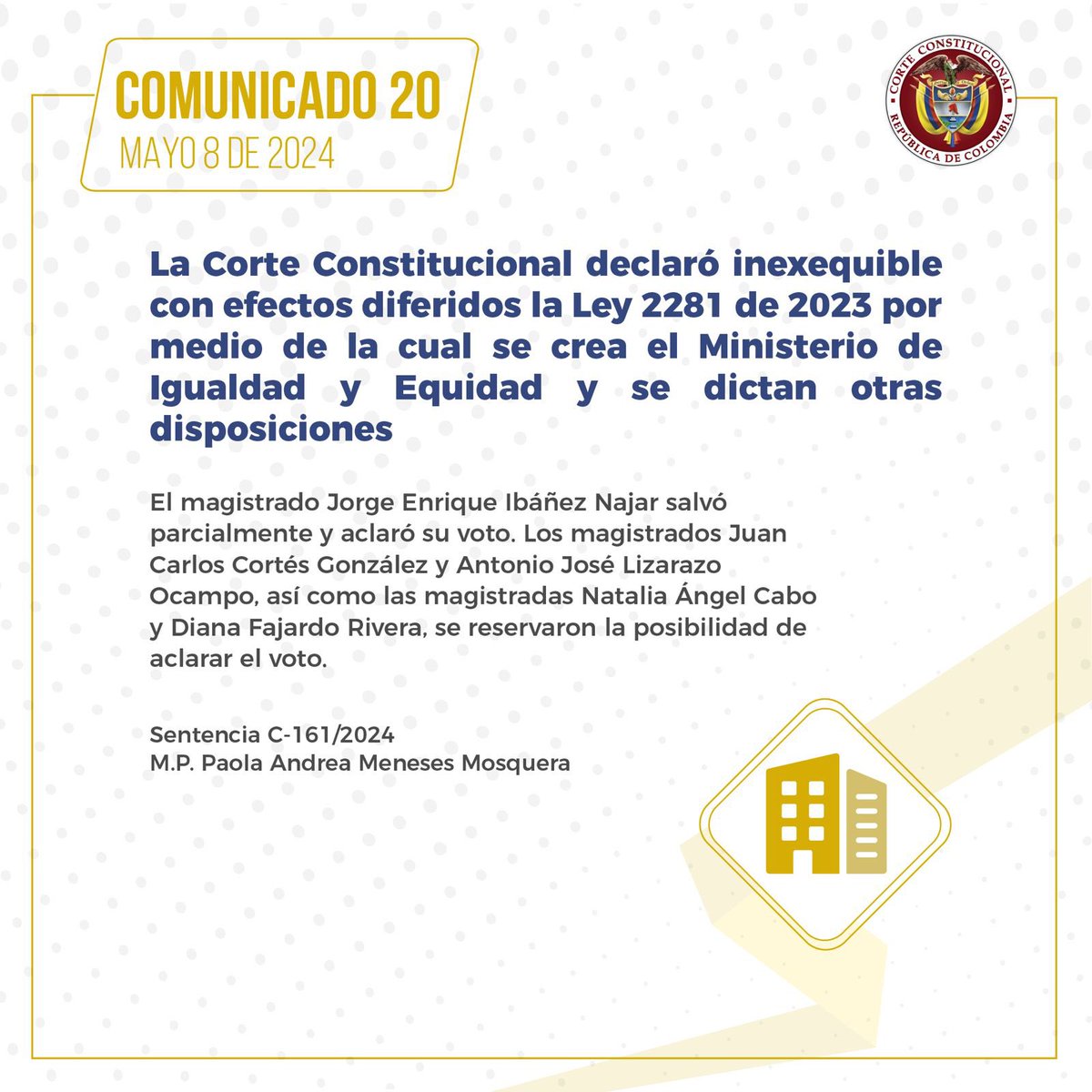 CConstitucional's tweet photo. En el siguiente enlace ▶️ https://t.co/5bI7JfNNad la ciudadanía puede acceder al fallo que contiene el comunicado oficial 20 de la Sala Plena (8 de mayo) https://t.co/6z3sFmcwTG