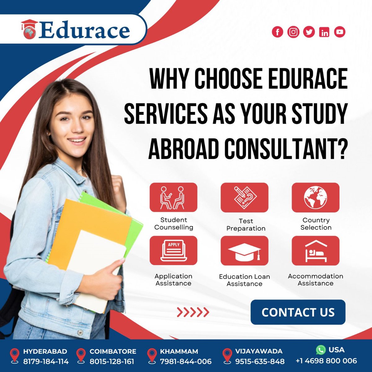 Unlock endless possibilities with Edurace Services 🌍✈️ Our expertise, personalized guidance, and unwavering commitment make us your ultimate study abroad partner. Discover the difference today!

#studyabroadconsultants #StudyAbroadConsultancy #StudyAbroad #eduraceservices