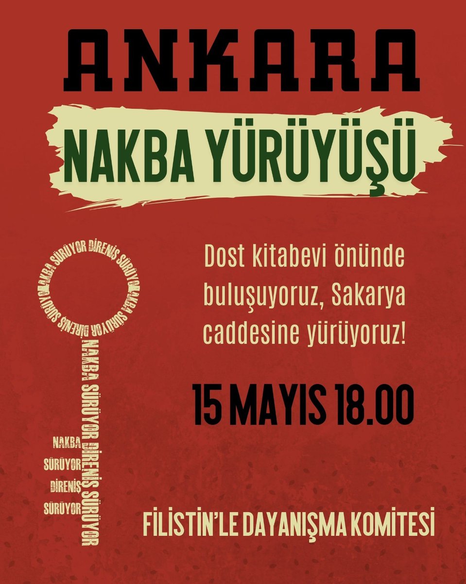 🇵🇸 Yarın üç ilde meydanlardayız! 📍#İstanbul 𝟭𝟵.𝟬𝟬 @ Eminönü 📍#İzmir 𝟭𝟴.𝟬𝟬 @ Konak 📍 #Ankara 𝟭𝟴.𝟬𝟬 @ Karanfil Sokak Herkesi sokağa, aralıksız mücadeleye çağırıyoruz. Nakba bitecek, Filistin halkı topraklarına dönecek. #İsrailleTümİlişkileriKes #SoykırımıDurdur