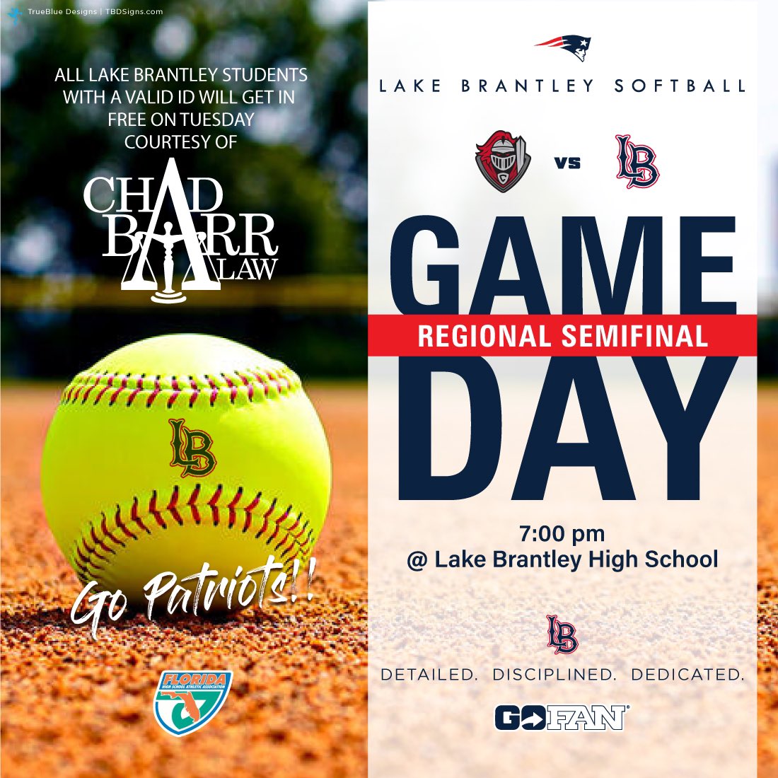You know the drill, Lake Brantley students with a valid student I.D get in free curtesy of Chad Barr Law (@AttyChadBarr). We need your help! #GoPatriots #WhateverItTakes @JCCarnz @osvarsity 📆 Today 🆚 Creekside ⏰ 7:00pm 📍Brantley South 🎟 gofan.co/event/1521540?…