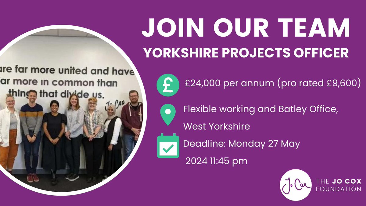 📢We're hiring a Yorkshire Projects Officer This is an exciting opportunity for someone looking to make a difference and provide support for the delivery of our new lottery-funded project in Kirklees. Find out more and apply by 11:45 PM 27 May👇 jocoxfoundation.org/job/yorkshire-…