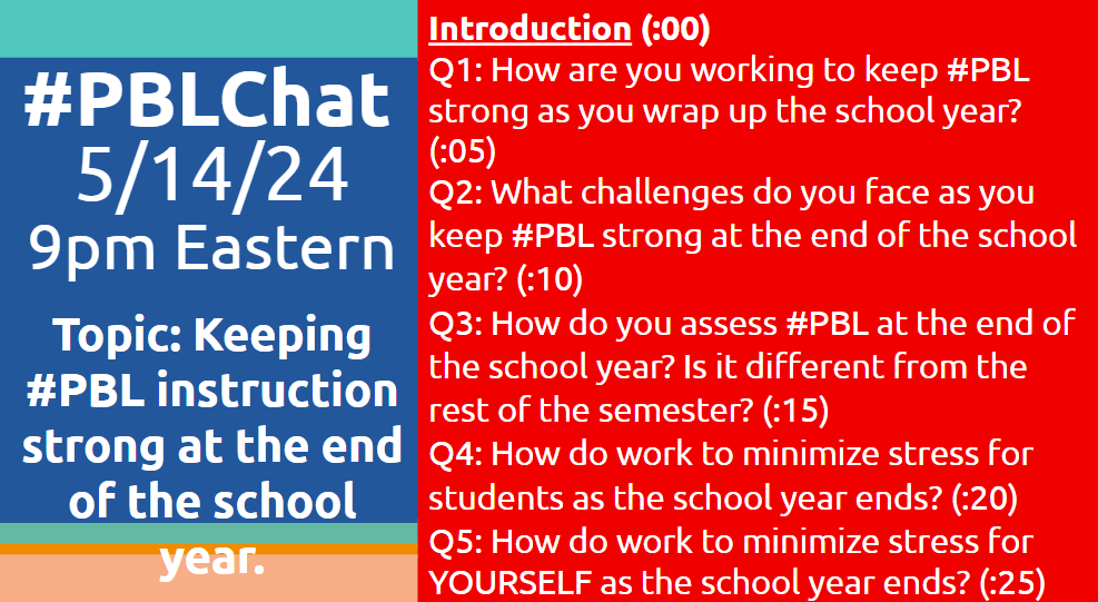 Welcome to #PBLChat for 5/14/24! Our topic: keeping #PBL strong at the end of the school year. Please share your name, role, and location...and invite a colleague to join the conversation. We'll launch Q1 at 5 minutes past the hour.