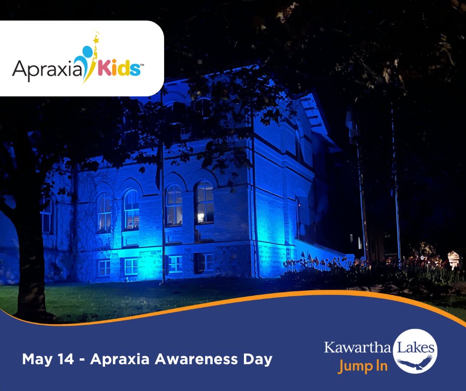 The lights outside of City Hall will be changed to blue today, May 14, to recognize Apraxia Awareness Day. Read more: kawarthalakes.ca/en/news/apraxi…