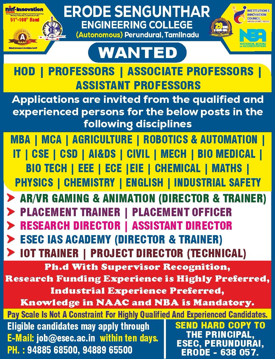 Faculty Positions Available @ ESEC!
Erode Sengunthar Engineering College is currently inviting applications. 
#facultyjobs | #facultyrecruitment | #teaching | #hiring | #professors | #placementtrainer | #researchdirector | #projectdirector | #engineeringcollege | #perundurai