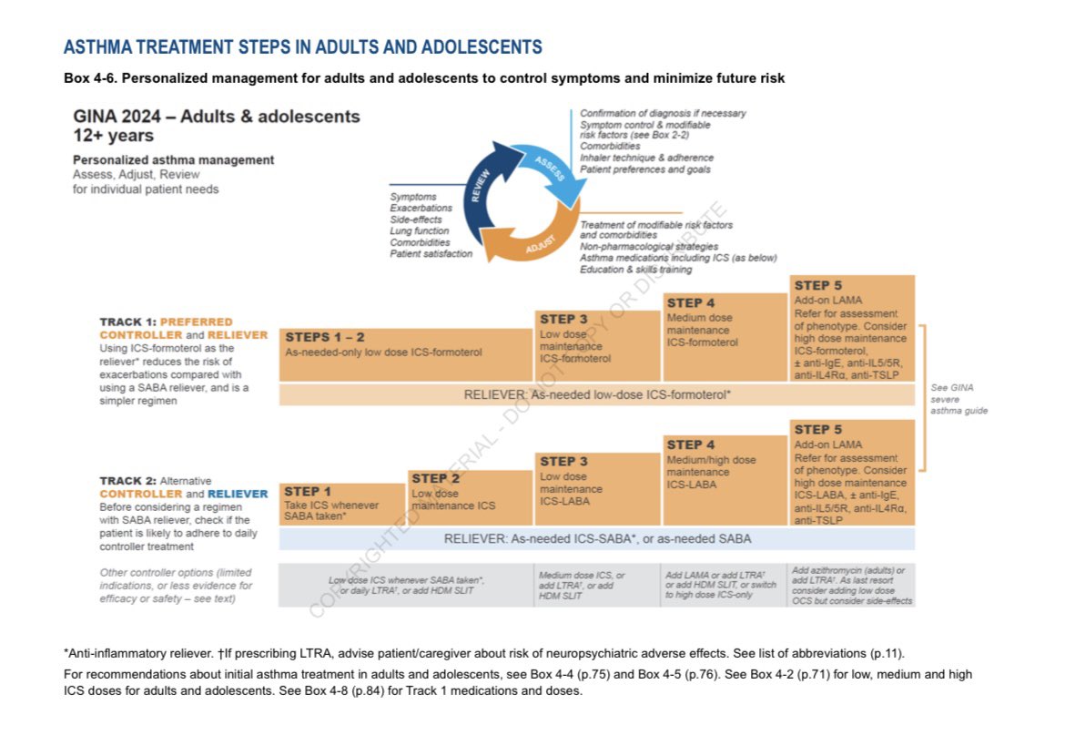 -Global Strategy for Asthma Management and Prevention 2024.
-personalized management for adults and adolescents to control symptoms and minimize future risk.
-Treatment Steps (GINA2024).