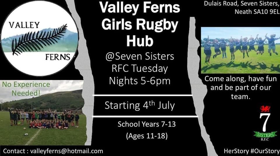 For any girls that are looking to play rugby. Valley Ferns Girls Rugby at Seven Sisters RFC.