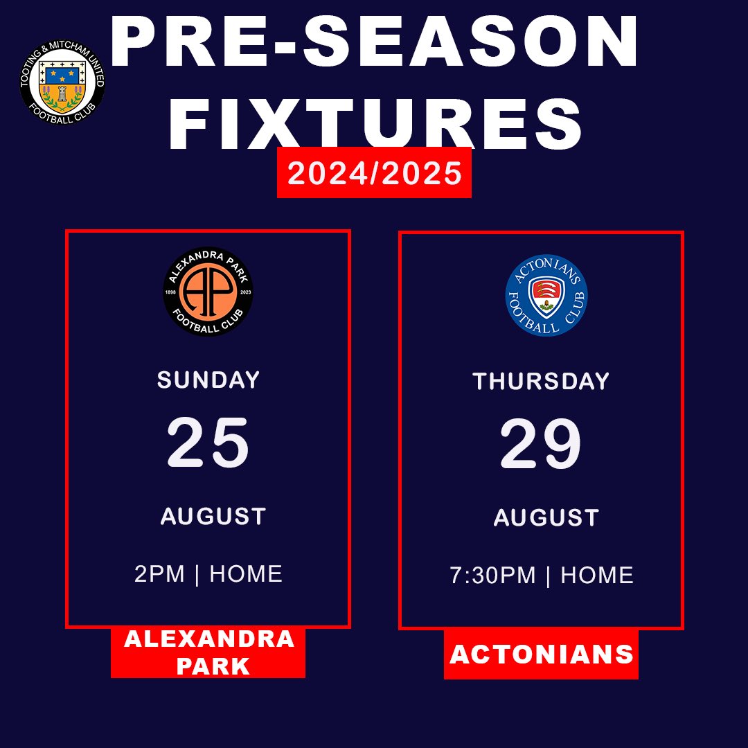 🖤🤍 our eight-fixture pre-season schedule is official complete 🤍🖤 📆 Sunday 4th August | 2PM (h) 🆚 @DulwichHamletFC / @dulwichhamlet 📆 Thursday 8th August | 7:30PM (h) 🆚 MYSTERY TEAM… 😉 📆 Sunday 11th August | 2PM (h) 🆚 Hammersmith FC