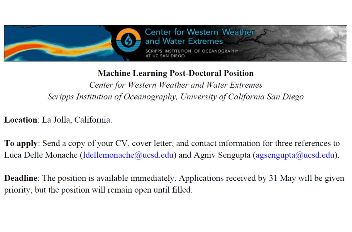 CW3E_Scripps's tweet photo. CW3E Machine Learning Post-Doctoral Position: Seeking a researcher with a background in machine learning and related applications for environmental, ecological, and atmospheric sciences. Get the full details on the position here:  https://t.co/liaC1FggZT