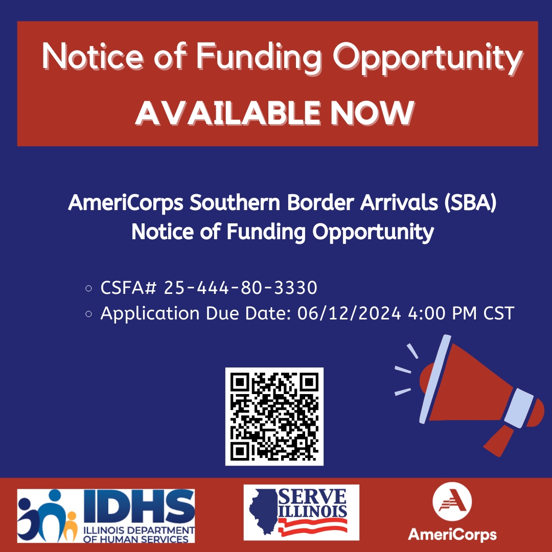AmeriCorps Southern Border Arrivals (SBA) Notice of Funding Opportunity Available! Scan the QR code below, or head to serve.illinois.gov/funding-opport… learn more. Applications close 06/12/2024 at 4:00 PM Central Time #IDHSServeIllinoisNOFO #ServeILFunding #SupportingIllinoisCommunities
