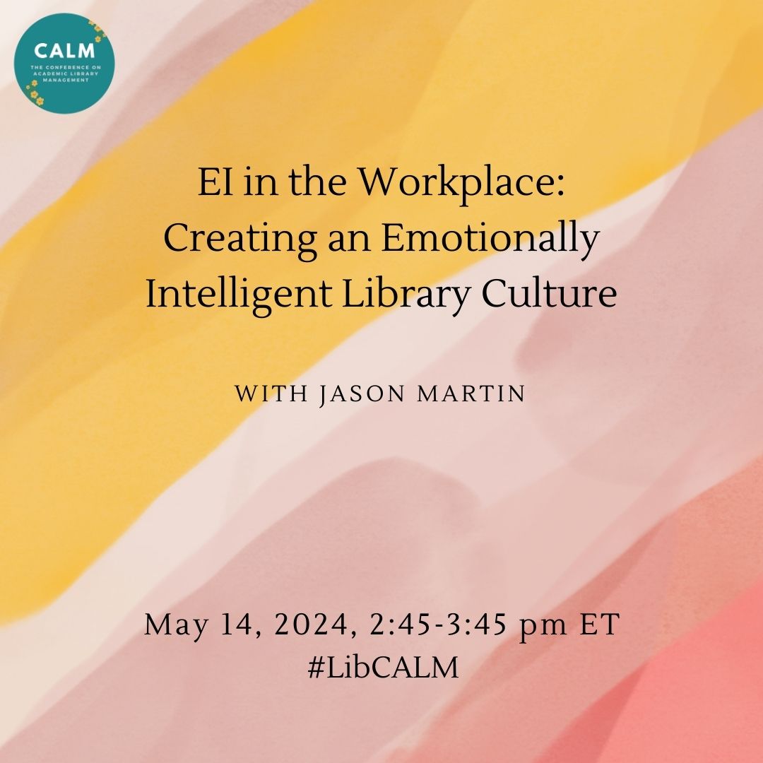 We're getting ready for our first group of concurrent #LibCALM sessions! Coming up at 2:45pm ET are sessions on creating a neuro-inclusive workplace, managing legacy toxicity, managing your team's workload, and emotional intelligence in the workplace.