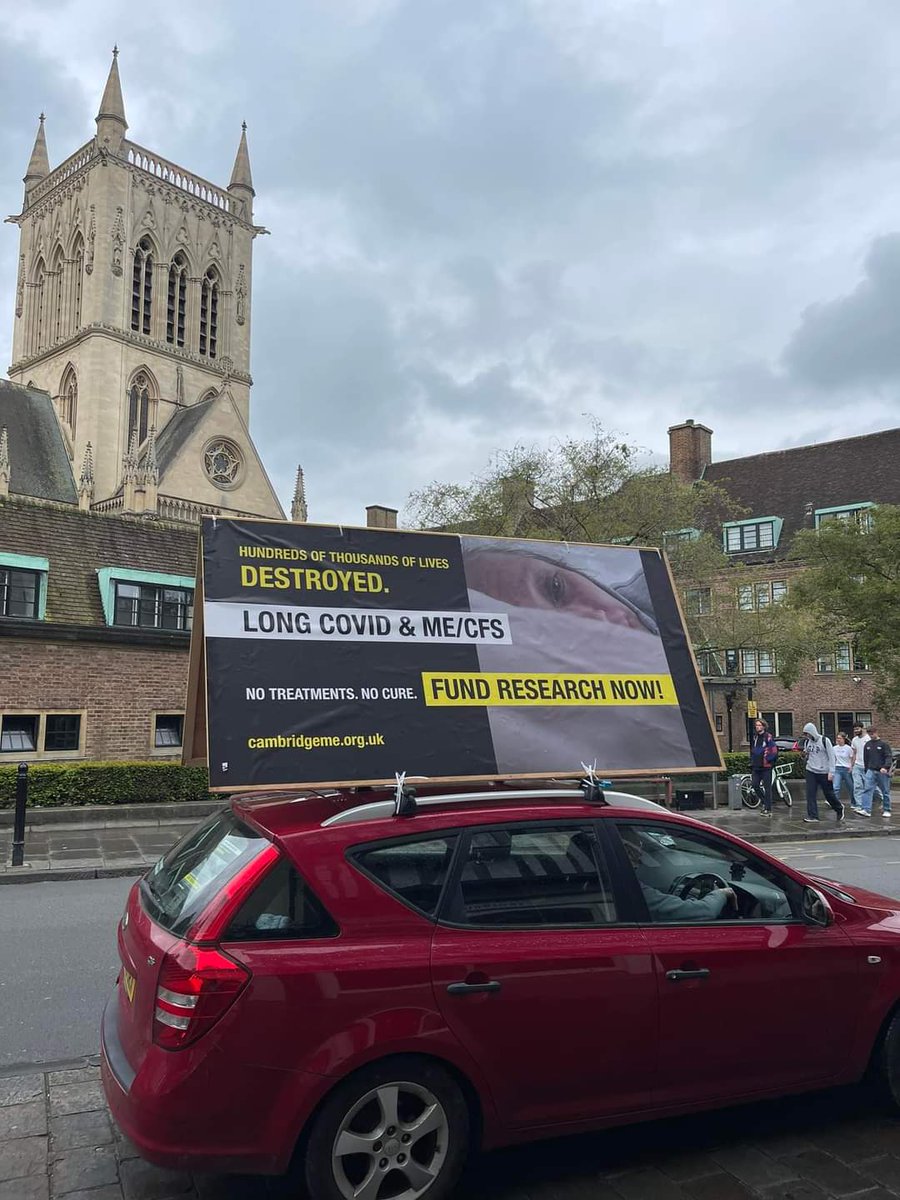 In between rain our trusty billboard car made it out again today! Thanks to Mike The M.E. Ally for driving and @cbme_mark for pics. 

All are of red estate car with billboard on top, demanding research into #MECFS and #LongCovid - the place pics are taken in alt text.