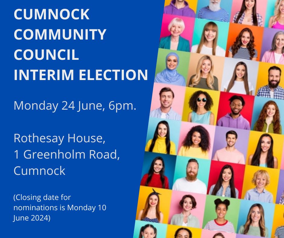 Cumnock Community Council interim election is approaching! #Cumnock Community Council is on the lookout for members to help shape their community.

🗓️ Deadline for nominations: Monday 10 June 2024

To  learn more, visit: orlo.uk/iQdo8 #CommunityEngagement #GetInvolved