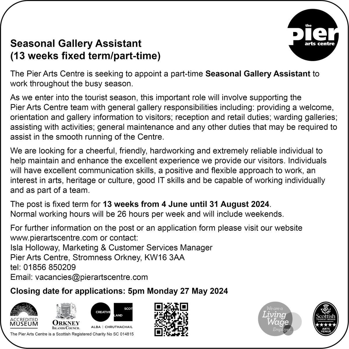 JOIN OUR TEAM - SEASONAL GALLERY ASSISTANT POST A new opportunity has arisen to join our small team and to help deliver exceptional customer care for Orkney’s five star Arts Venue. Closing date 5pm, Mon 27 May For details head to buff.ly/4dyWk2l #PierArtsCentre