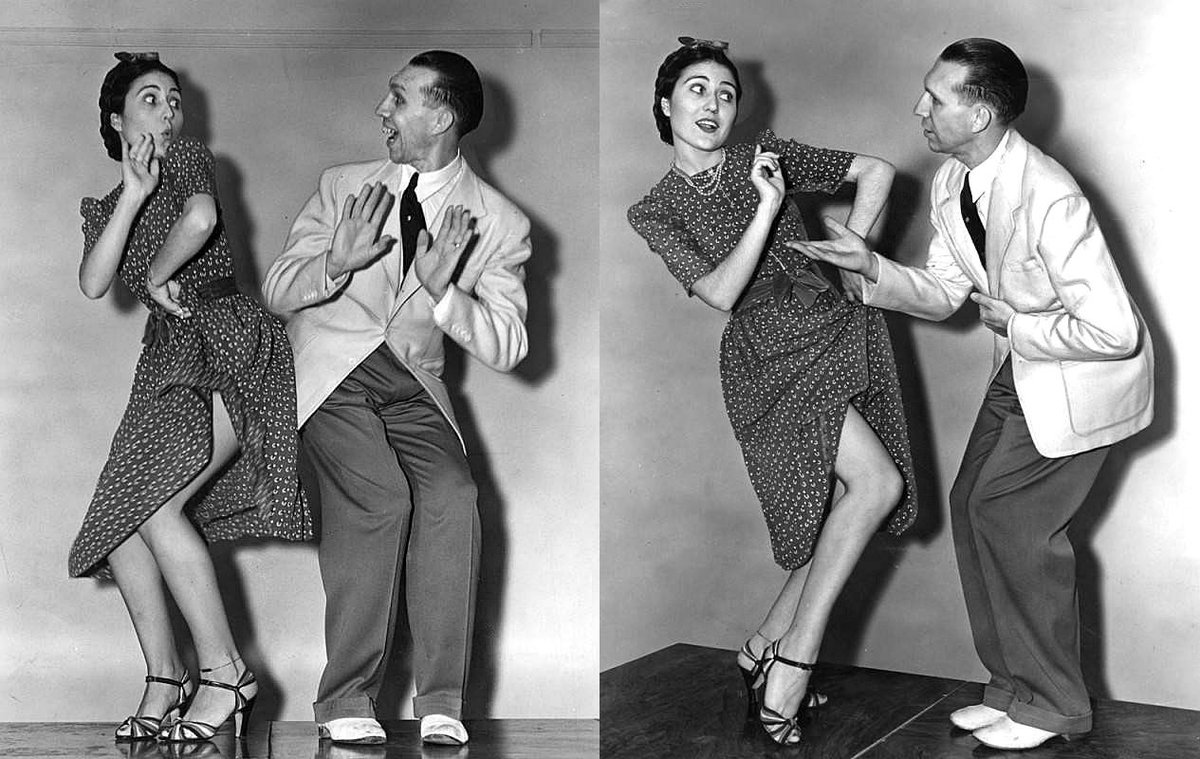 [1939] At the convention of the Associated Dancing Teachers of Southern California, Grover C. Abel and his wife, Julia Abel, show the dance steps for the 'Boomps-a-Daisy', the newest dance craze to sweep America. (Herald Examiner Collection) buff.ly/4bjqtAY