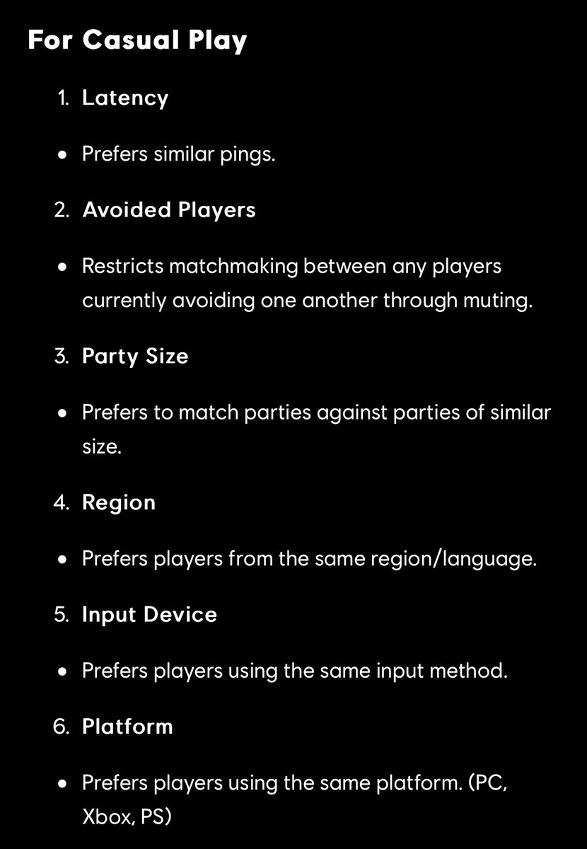 🚨 PING IS KING 🚨

XDefiant casual play matchmaking will NOT use Skill based matchmaking (SBMM).

It will instead match make players based on factors prioritized in the following order 👇

1. Latency
2. Avoided players
3. Party Size
4. Region
5. Input Device
6. Platform