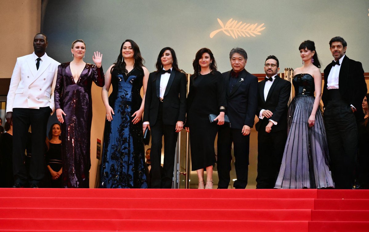 Members of the Jury of the 77th Cannes Film Festival. Omar Sy, Greta  Gerwig, Lily Gladstone, Nadine Labaki, Ebru Ceylan, Hirokazu Kore-eda,  Antonio Bayona, Eva Green and Pierfrancesco Favino at the Opening, image size:1200x754
