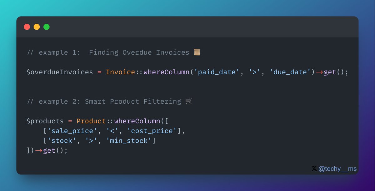 Hey devs! 🚀 Ready to level up your Laravel querying skills? Check out these cool examples that showcase the power of whereColumn for more precise and efficient database queries. 💡
#PHP #Laravel