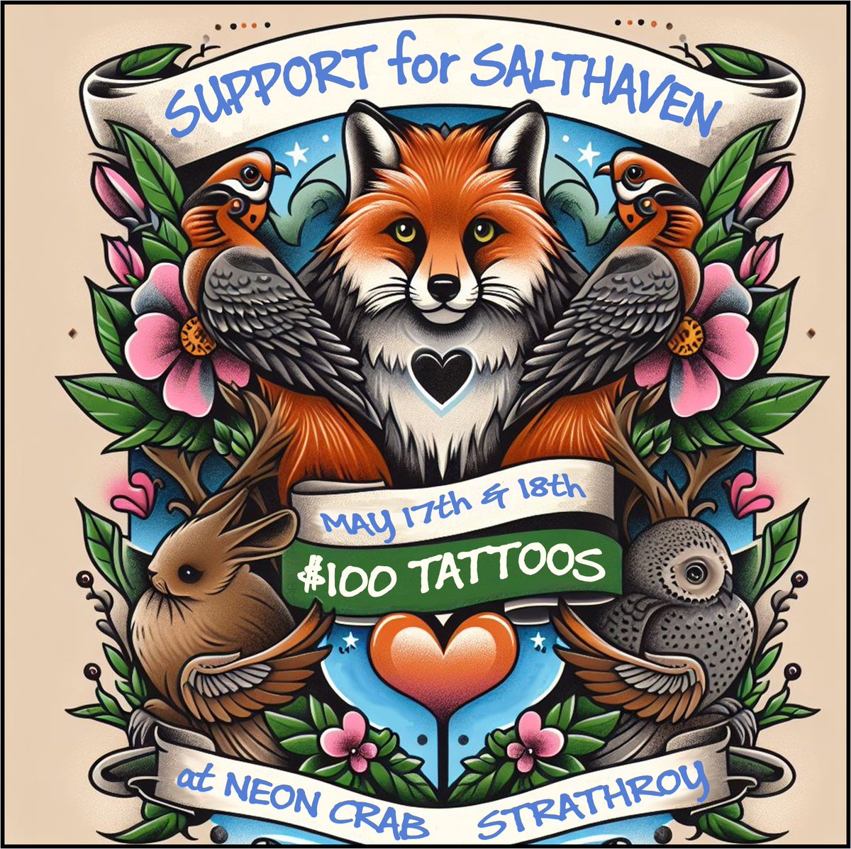 On May 17th + 18th #NeonCrabTattoo in #Strathroy is hosting a tattoo fundraiser for #Salthaven! Get a custom wildlife inspired #tattoo for $100 with the proceeds going towards much needed supplies for Salthaven! Staff + wildlife ambassadors will be on-site Saturday 1-3pm!🦊