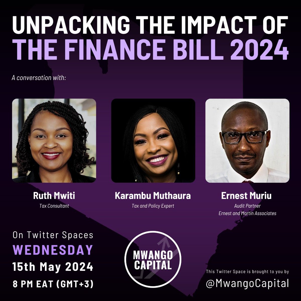 Tomorrow on #MwangoSpaces, we explore the key takeaways from the Finance Bill 2024. 

Our tax experts will be:
—Ruth Mwiti [<a href="/RuthMwiti2/">Ruth Mwiti</a>]
—Ernest Muriu [<a href="/muriu_ernest/">Ernest Muriu</a>]
—Karambu Muthaura [<a href="/karambu/">Karambu Muthaura</a>]

Don't miss it &amp; come with all your questions!