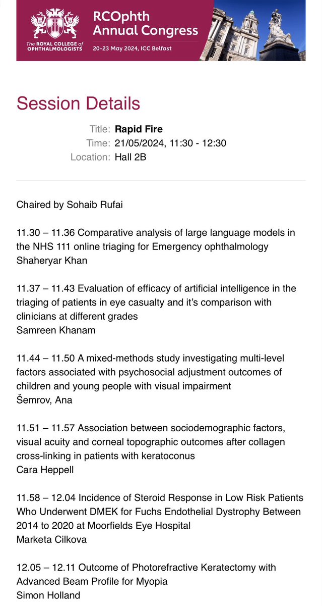 I look forward to chairing the @RCOphth Rapid Fire next Tuesday! 👁️

Topics include emergency ophthalmology, LLM, AI, paediatrics, keratoconus, DMEK, laser eye surgery, cataracts and more!

The whole Congress programme looks brilliant with something for everyone. See you there 👀