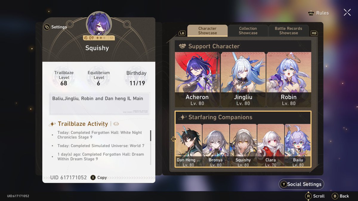 My support characters, starfaring companions and if you want to add me my UID is there as well I don't mind at all^^ this is the game I play a lot now so yeah #HonkaiStaiRail