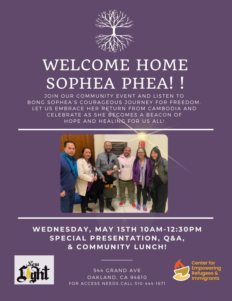 Please join New Light tomorrow at CERI Wednesday, May 15th, 10am-12:30pm for a special presentation. Bong Sophea Phea’s courageous journey for freedom. Let us embrace her return from Cambodia #NewLight #immigrant #refugee #deportation #healing