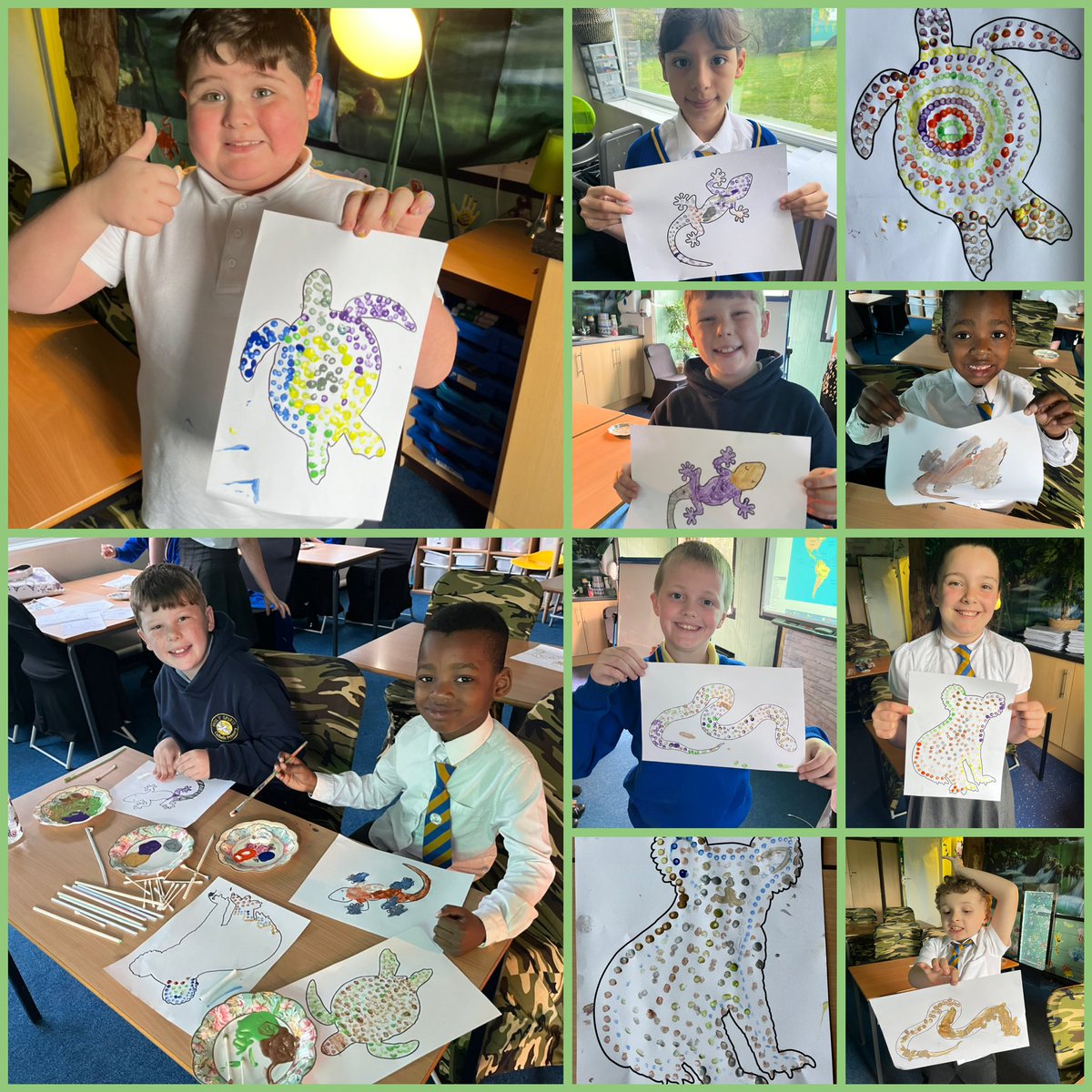#Rainforest looked at spears taken 250 years ago from a group of Gweagal people, in Australia by a British explorer & his crew. We thought about what is special to us & created some aboriginal dot art 💙#BritishValues #ProtectedCharacteristics @HelpPicture @Schools_British