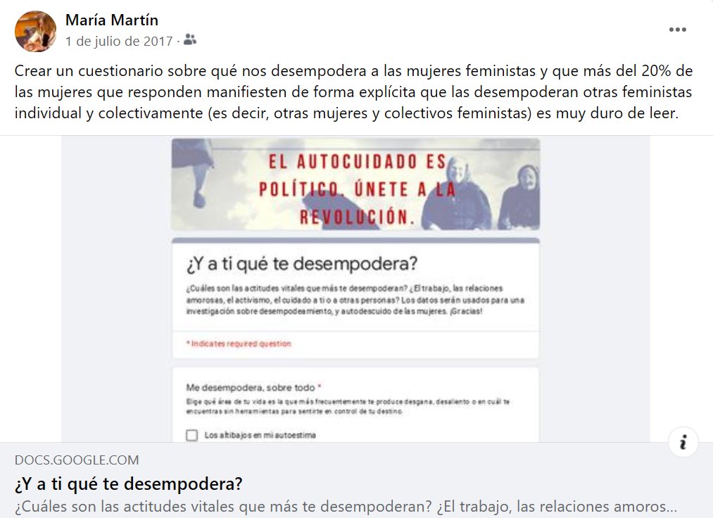 generoenaccion's tweet photo. En 2017, tras un tiempo reflexionando sobre "desempoderamiento", hice un cuestionario meramente informativo para saber si mis intuiciones se confirmaban con vuestras respuestas. (https://t.co/IgeopgJ4PF) Cuando tuve unas 600 llegué a esta dolora conclusión, reforzada después 👇🥺 https://t.co/DTS7wfwV6m