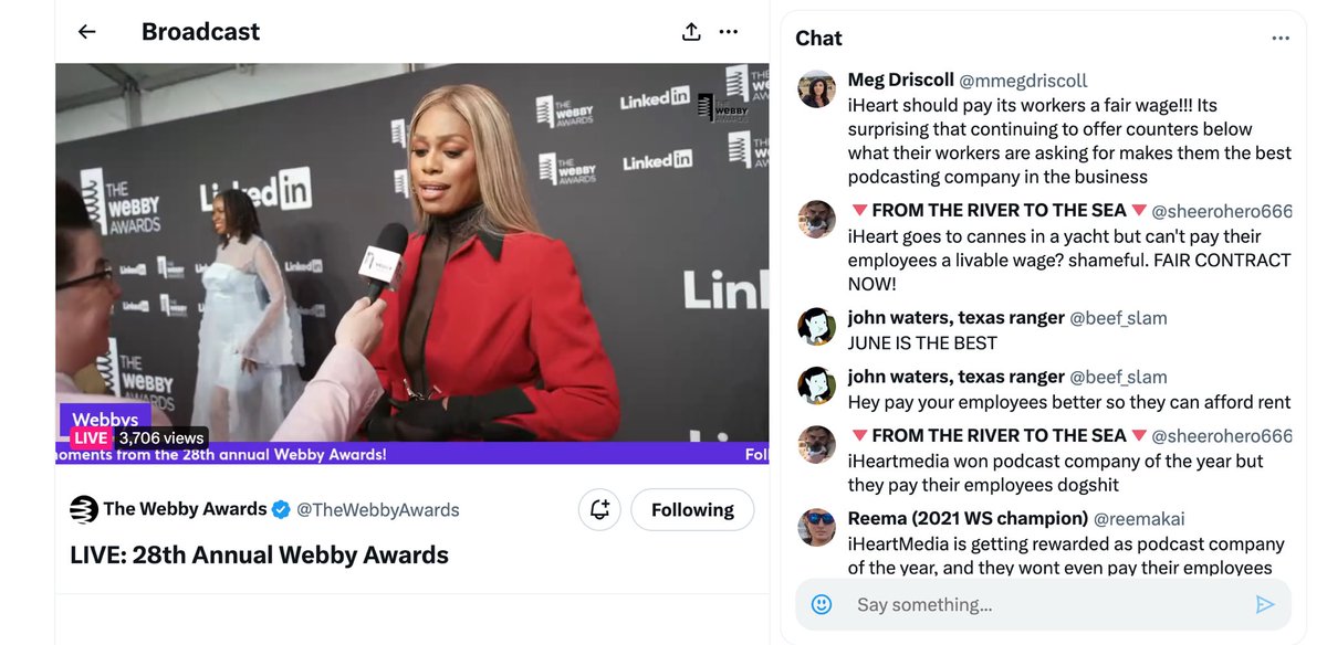 Solidarity for the iHeart Podcast Union in the @TheWebbyAwards live stream chat!
