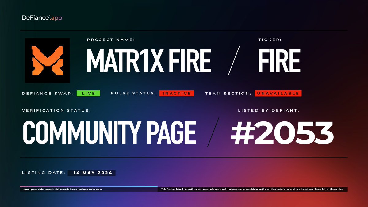 DeFiance_App's tweet image. .@Matr1xOfficial community page is now live on DeFiance.app/project/Matr1x…. 

$FIRE is now listed on #DeFianceSwap. 

Matri1x is a global Web3 entertainment platform that aims to blend multi-episode games, NFT art, Esports, online literature, and community engagement. 

Learn more…