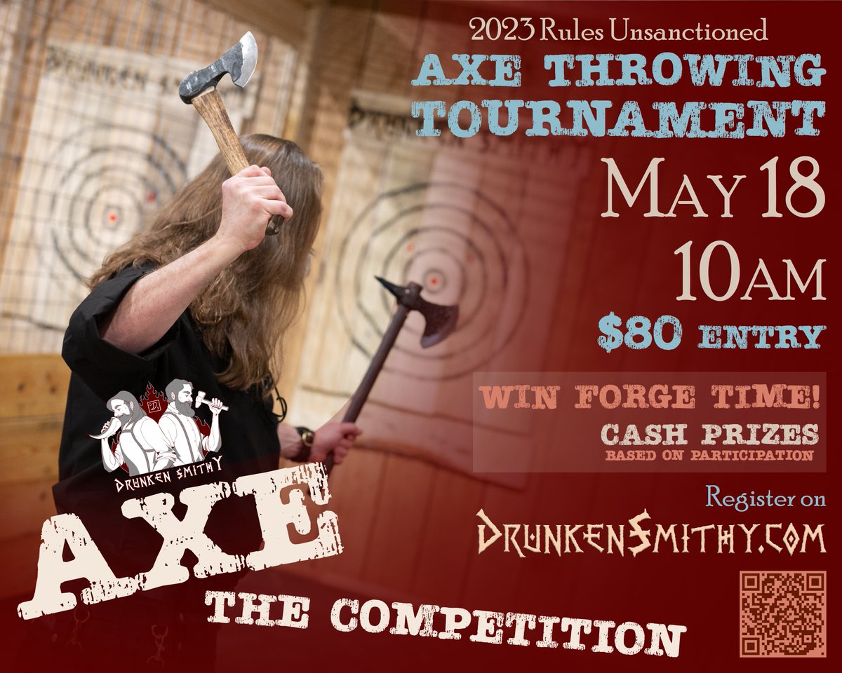 Drunken Smithy is hosting an axe throwing tournament this weekend! Test your precision, show off your skills, and risk it all to win big! All competitors must register in advance. Registration closes Friday, May 17 at 6:00pm. 

drunkensmithy.com/event-calendar/