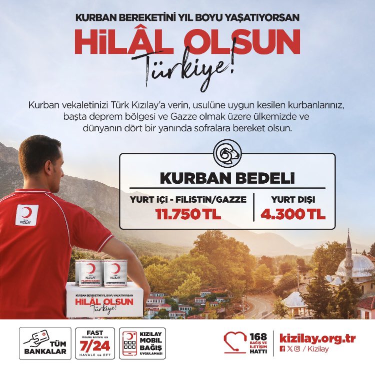 KIZILAY KURBANLIK BAĞIŞ 2024 FİYATLARI Kızılayın bu sene belirlediği vekaleten kurbanlık fiyatları açıklandı Buna göre Kızılay kurbanlık fiyatları 2024 yılı için vekalet bedeli yurt içi ve Gazze için 11 bin 750 lira yurt dışı için ise 4 bin 300 lira olarak belirlendi #HilalOlsun