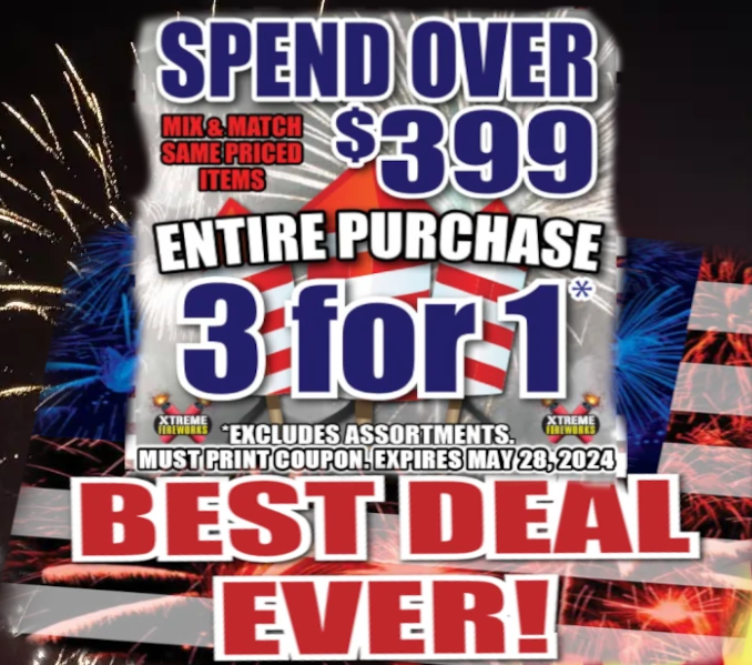 XFireworksWI's tweet photo. Request a coupon for our best deal EVER!
Spend $399 and get 3 for 1 on your entire purchase! *
*EXCLUDES ASSORTMENTS MUST PRINT COUPON. EXPIRES MAY 28, 2024
Get the coupon at
https://t.co/gDIgBy5kQ9 https://t.co/KZP5QSiNgh