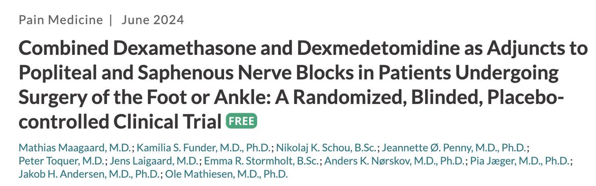 Adding dexmedetomidine+dexamethasone to local anesthetic for popliteal+sciatic blocks did not show any difference in opioid consumption or block duration versus only dexamethasone as sole adjuvant. @_Anesthesiology
pubs.asahq.org/anesthesiology…
#PedsPain #PedsAnes #regionalanesthesia