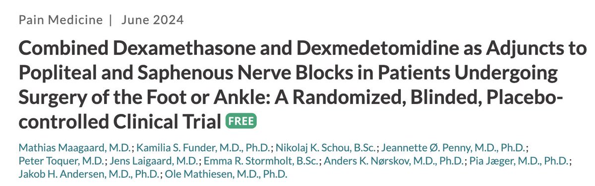 Adding dexmedetomidine+dexamethasone to local anesthetic for popliteal+sciatic blocks did not show any difference in opioid consumption or block duration versus only dexamethasone as sole adjuvant. @_Anesthesiology pubs.asahq.org/anesthesiology… #PedsPain #PedsAnes #regionalanesthesia