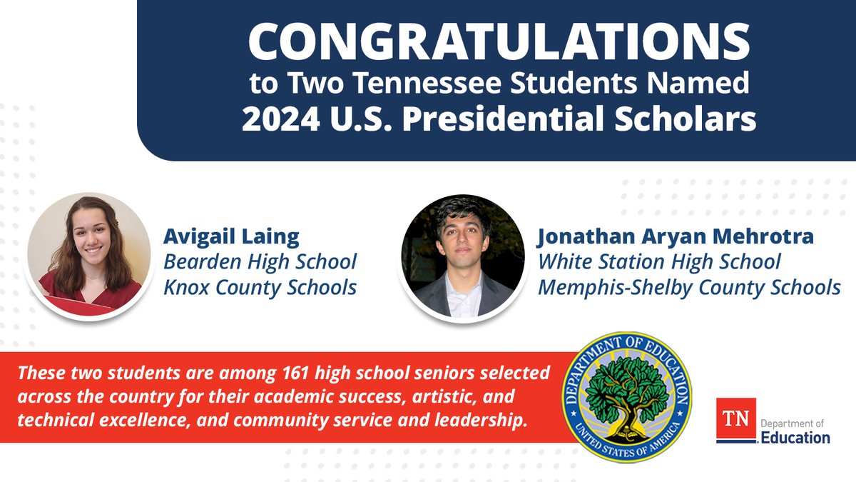 Join us in celebrating two Tennessee students who have been named 2024 U.S. Presidential Scholars! 🎉 We are proud to have these students represent our state and be recognized for their hard work in the classroom.