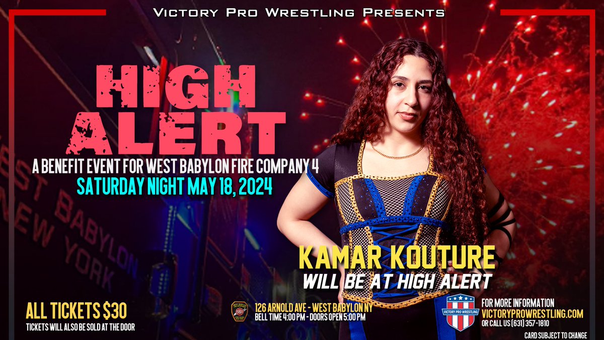 The action is hot this weekend when VPW presents High Alert Join us Saturday when Tiffani Avatar debuts against the returning Kamar Kouture Tickets: VictoryProWrestling.com Saturday May 18 in West Babylon #VPWSellsOut #Wrestling #fundraiser