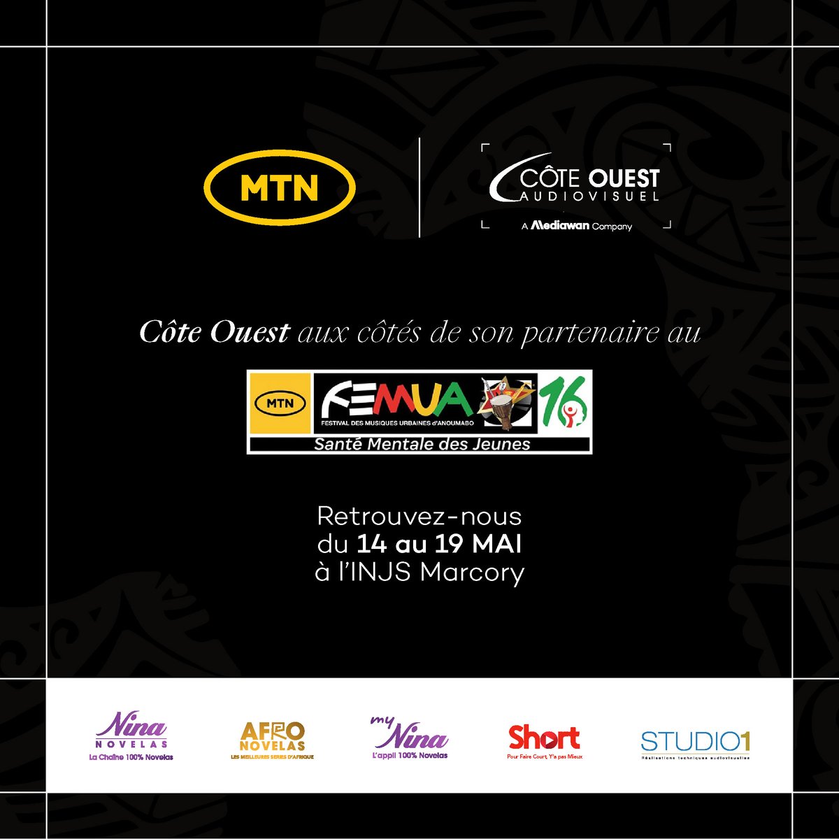 Fiers de rejoindre <a href="/MTNCotedIvoire/">MTN Côte d'Ivoire</a> au #FEMUA16 d'Abidjan ! Venez découvrir notre stand et les surprises qu'on vous réserve. #CultureIvoirienne #CoteOuestAudiovisuel #VOD #Divertissement #NinaNovelas #Mynina #AfroNovelas #Short #MTNCOTEDIVOIRE #FEMUA16