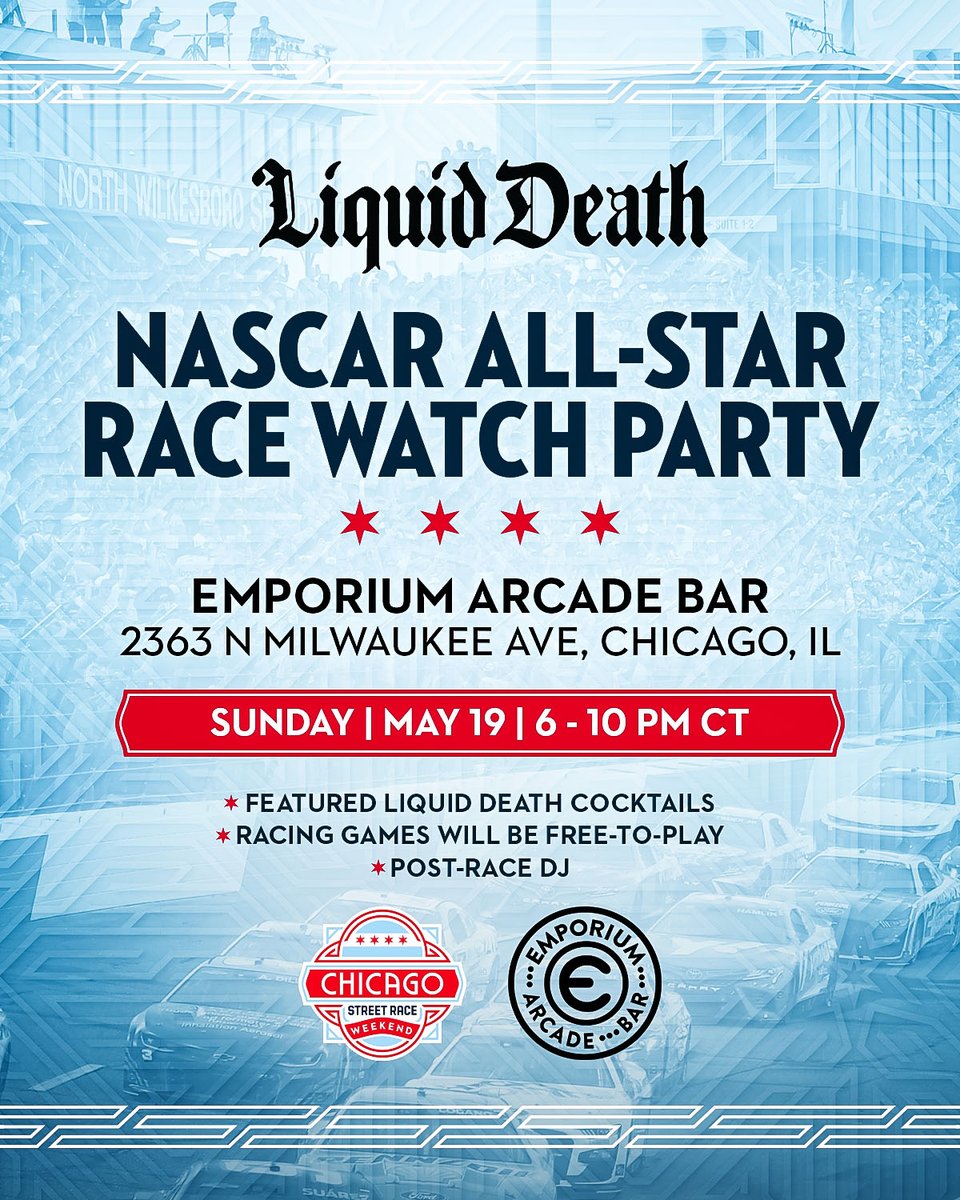 An all-star party for NASCAR's All-Star Weekend 🙌 We're teaming up with @LiquidDeath for a NASCAR All-Star Race Watch Party! Join our NASCAR Chicago Street Team this Sunday at @EmporiumChicago (2363 N Milwaukee Avenue) for an evening of fun! 👇 #NASCARChicago