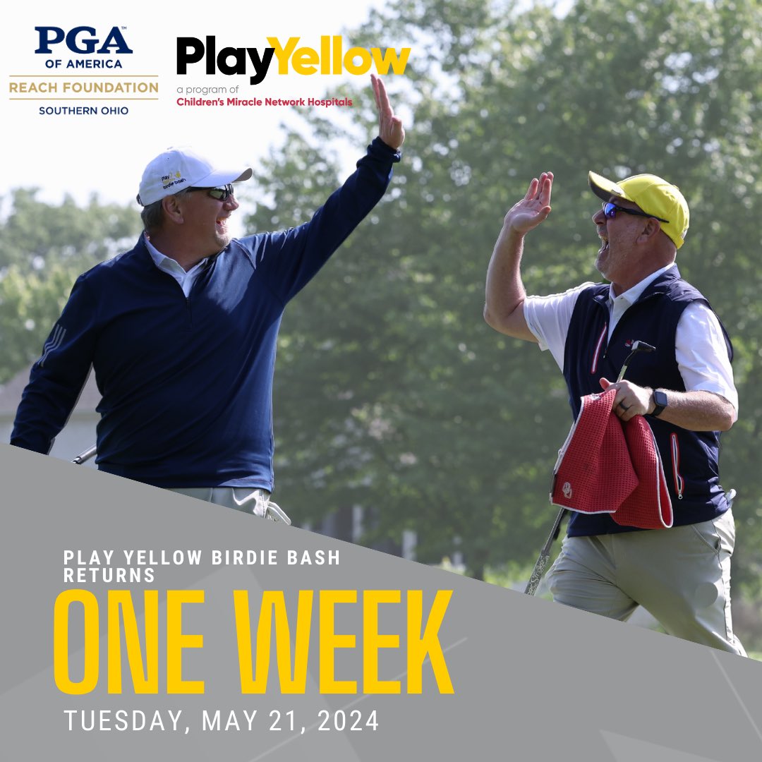 Just ONE WEEK left until we get to make birdies & #PlayYellow 💛 

Make a pledge to your team today as they play 72 holes on Tuesday, May 21 to impact lives through golf & #ChangeKidsHealth ➡️ bit.ly/49YQ01g
