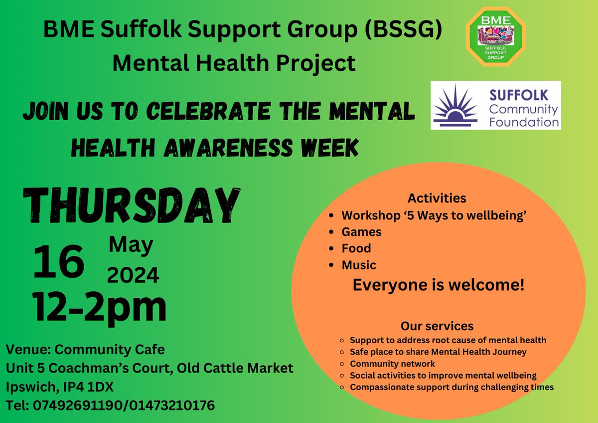 Join us this Thursday 16th May for an informative Well-Being workshop in celebration of mental health week. See details below 👇🏼. @HWSuffolk @SNEEICB_IES @SuffolkLibrary @suffolkgiving @BBCSuffolk @JCPInSuffolk