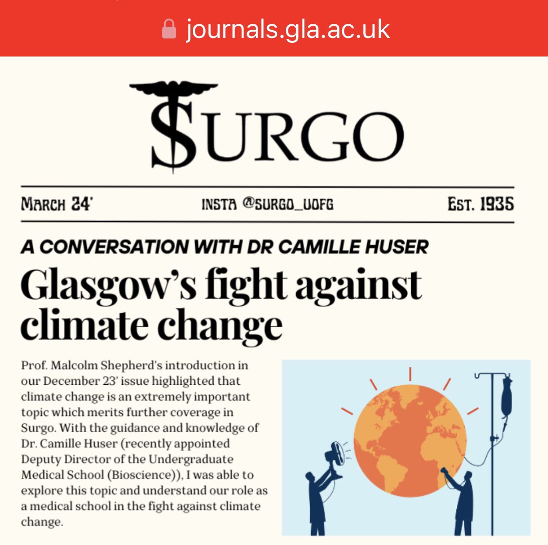 Really proud of the team of #MedicalStudents @UofGMedicine who produced #Surgo. Highlights include: interview w/ Dr Camille Huser on the climate crisis, financial challenges for students, #Dyslexia and #Disability. ➡️journals.gla.ac.uk/surgo/issue/cu… #OpenAccess #StudentJournals