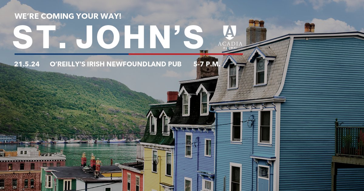 Our St. John's alumni gathering is just around the corner! Meet us at O’Reilly’s Irish Newfoundland Pub on May 21 for an Acadia reunion on the Rock! Find all the details and register at aualumni.info/StJohns #AcadiaAlumni #AcadiaUniversity