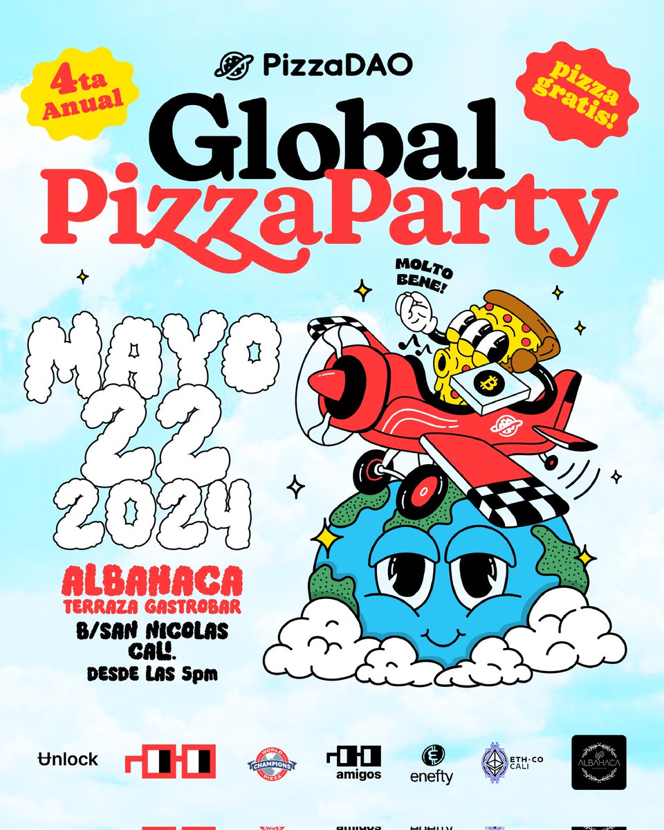 EneftyC's tweet image. Únete a la celebración del 4to Global Pizza Party de PizzaDAO en honor al Bitcoin Pizza Day, Organizada por Enefty en Cali - también habrá eventos en Medellin y Bogotá - Es la segunda vez que enefty organiza este evento y estamos ansiosos por celebrar juntos, no te lo pierdas!